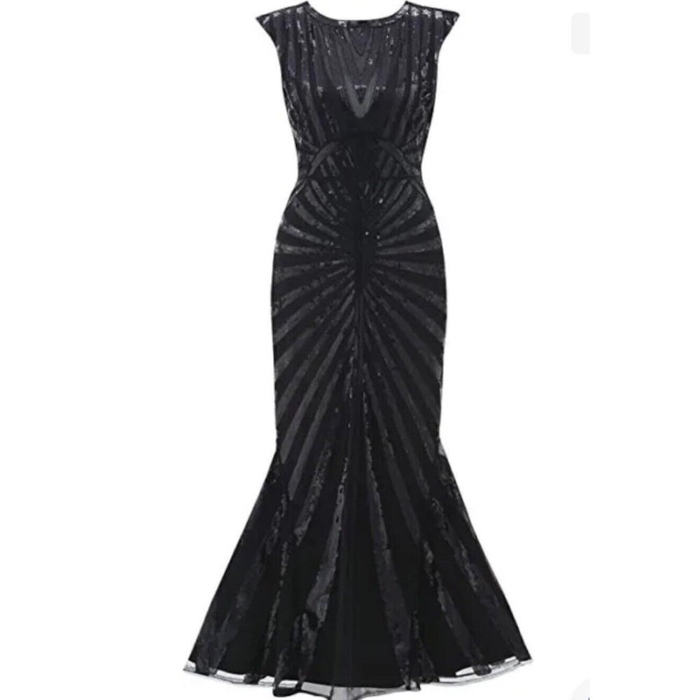 Metme 1920s Size M Black Gatsby Mermaid Maxi Dress Sequin Evening Gown Gothic